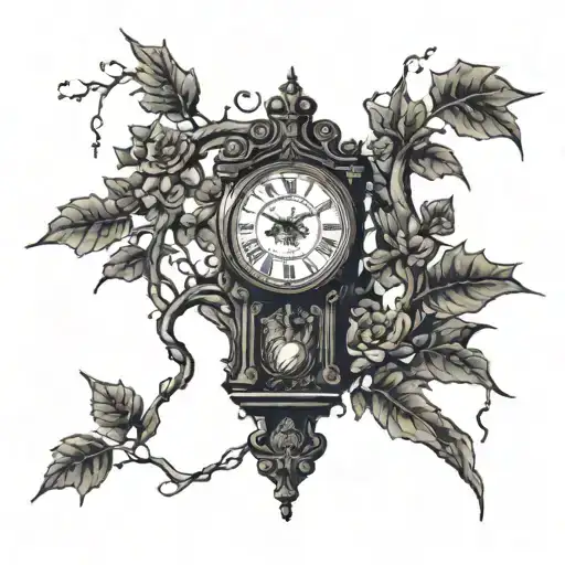 A large grandfather clock entrapped by a large tree with memories hanging from the limbs as leaves—simple tattoo design idea