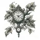 A large grandfather clock entrapped by a large tree with memories hanging from the limbs as leaves—simple tattoo design idea