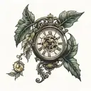 A large grandfather clock entrapped by a large tree with memories hanging from the limbs as leaves—simple tattoo design idea