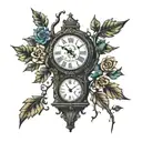 A large grandfather clock entrapped by a large tree with memories hanging from the limbs as leaves—simple tattoo design idea