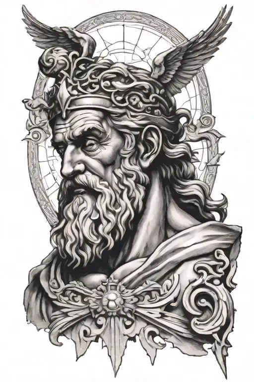zeus with rays background and small greek details tattoo design idea