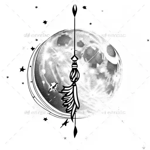 Moon with scattered stars in a feather windchime tattoo design idea