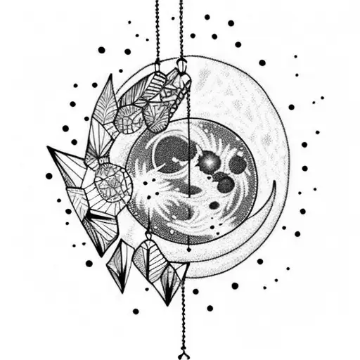 Moon with scattered stars in a feather windchime tattoo design idea