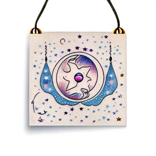 Moon with scattered stars in a feather windchime tattoo design idea