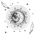 Moon with scattered stars in a feather windchime tattoo design idea