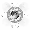 Moon with scattered stars in a feather windchime tattoo design idea