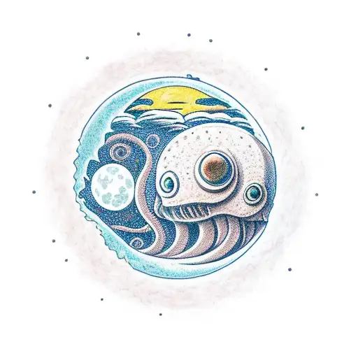 a man on a planet watching a moon being devoured by Cthulu tattoo design idea