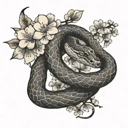 snake wrapped around cherry blossom branch tattoo design idea