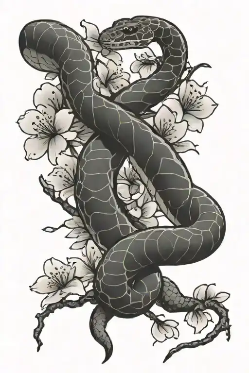 snake wrapped around cherry blossom branch tattoo design idea