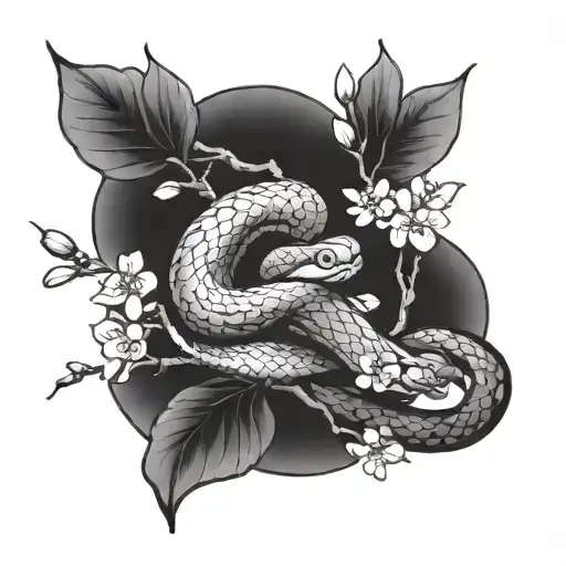 snake wrapped around cherry blossom tree tattoo design idea