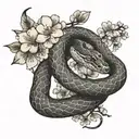 snake wrapped around cherry blossom branch tattoo design idea