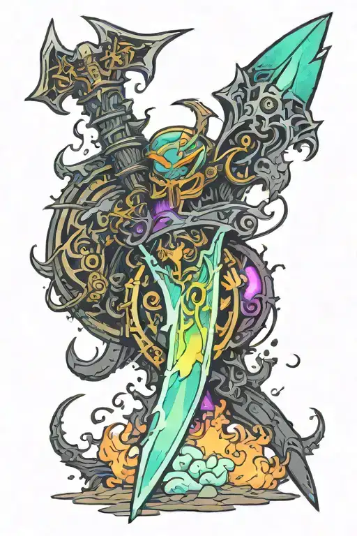 glowing shardblade with iridescent smoke trailing off it tattoo design idea