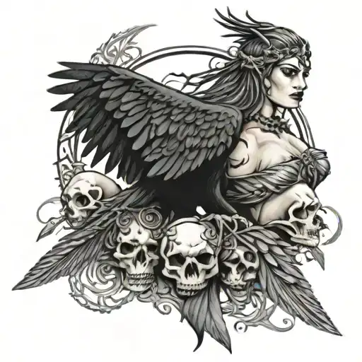 celtci goddess morrigan, crows, skulls, sword, beautiful tattoo design idea