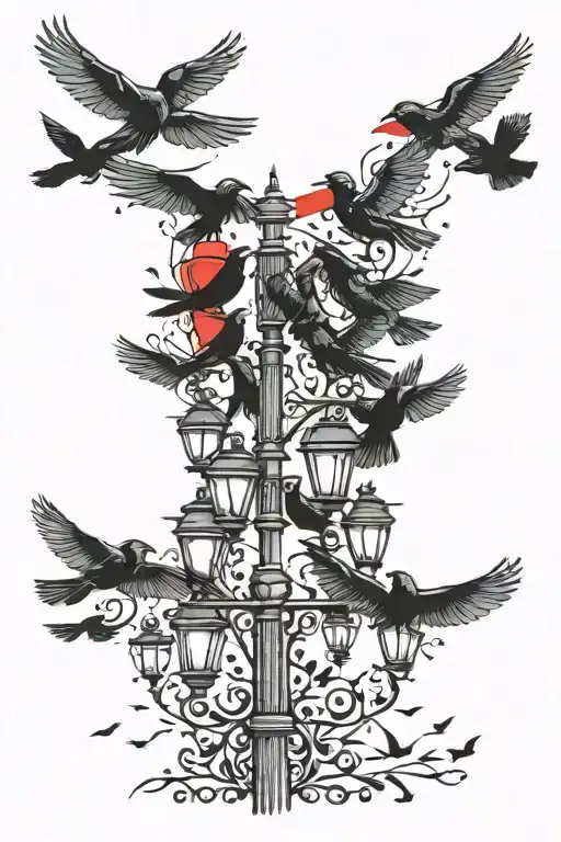 flock of black birds flying through red and blue streetlights tattoo design idea