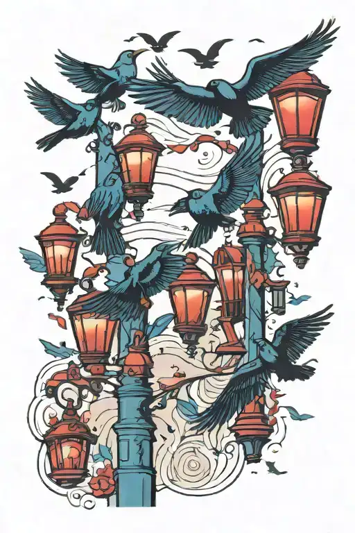 flock of black birds flying through red and blue streetlights tattoo design idea