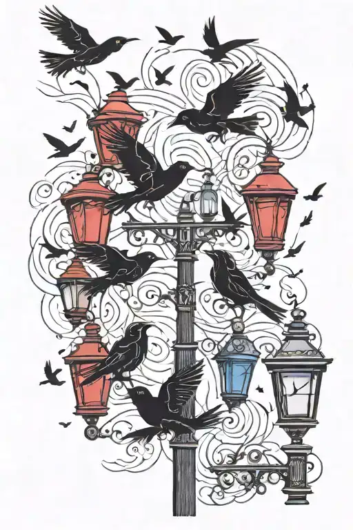 flock of black birds flying through red and blue streetlights tattoo design idea