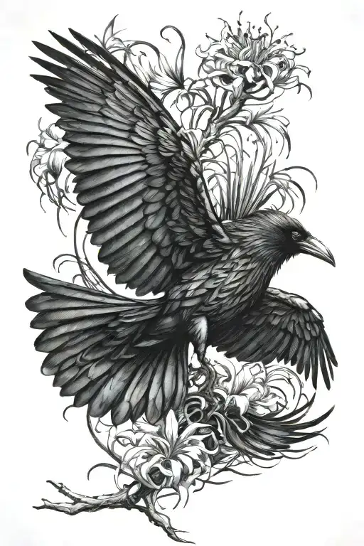 raven diving to attack his prey, red spider lily flowers in the background tattoo design idea