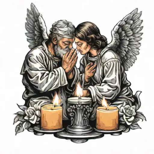 blind angels praying over a candle. the candles fire is colored in with smoke going up and turning into doves tattoo design idea