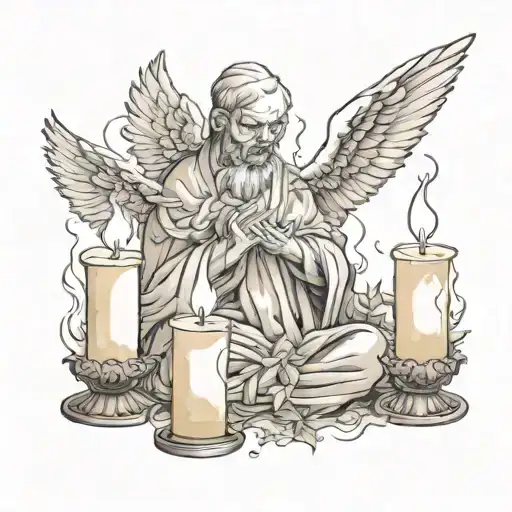 blind angels praying over a candle. the candles fire is colored in with smoke going up and turning into doves tattoo design idea