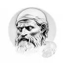 philosopher Diogenes in the form of an ancient statue. below the caption "I'm looking for a man" in ancient Greek tattoo design idea