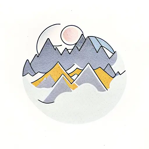 mountains with small bee, small canary, moon tattoo design idea