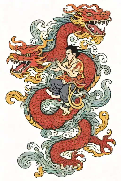 Aquarius man riding a Chinese red golden dragon with the stars of the Zodiac sign Aquarius in the back tattoo design idea