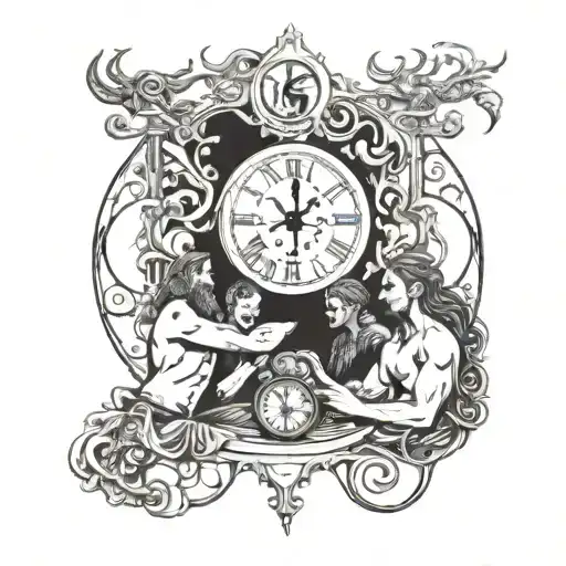 A family of Vikings gathered around a Salvador Dali-inspired clock, showcasing the bond and unity within the family tattoo design idea