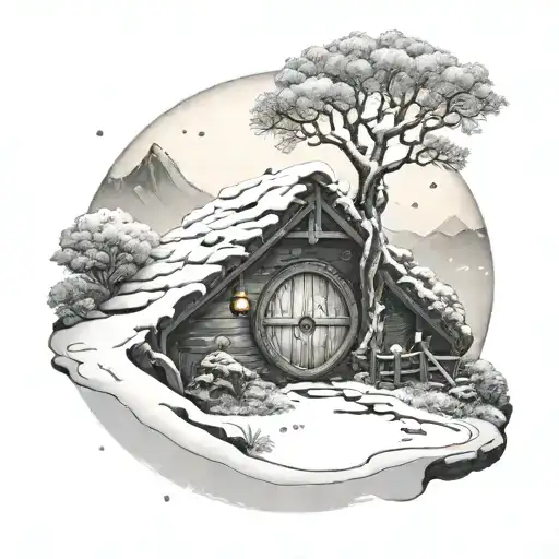 A snowy landscape with a hidden hobbit hole entrance leading to a fantasy world tattoo design idea