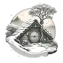 A snowy landscape with a hidden hobbit hole entrance leading to a fantasy world tattoo design idea