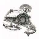 A snowy landscape with a hidden hobbit hole entrance leading to a fantasy world tattoo design idea