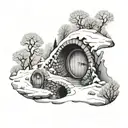 A snowy landscape with a hidden hobbit hole entrance leading to a fantasy world tattoo design idea