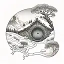 A snowy landscape with a hidden hobbit hole entrance leading to a fantasy world tattoo design idea