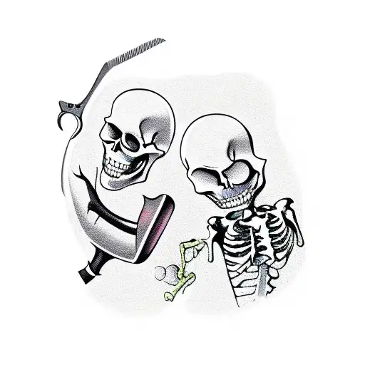A funny tattoo of a ghost barber giving a skeleton a hilarious haircut tattoo design idea