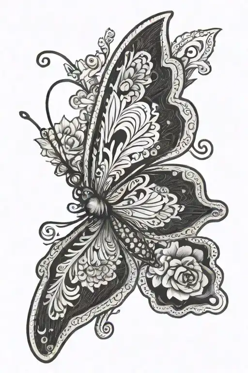 butterfly on the lower back of maximum size 10x10cm in black and white with embroidery style surrounded by c tattoo design idea