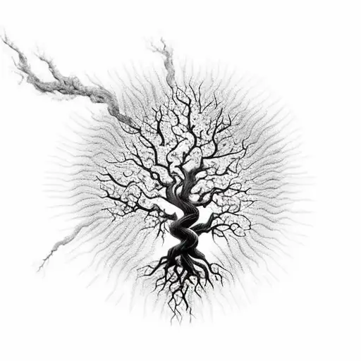 Tree of life engulfed in flames growing from the pages of a book with a phoenix bursting from it's upper branches tattoo design idea