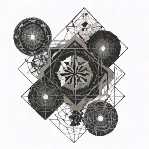 Three images depicting time, entropy and an infinite universe connected by thin geometric shapes  tattoo design idea