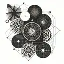 Three images depicting time, entropy and an infinite universe connected by thin geometric shapes  tattoo design idea