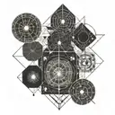 Three images depicting time, entropy and an infinite universe connected by thin geometric shapes  tattoo design idea