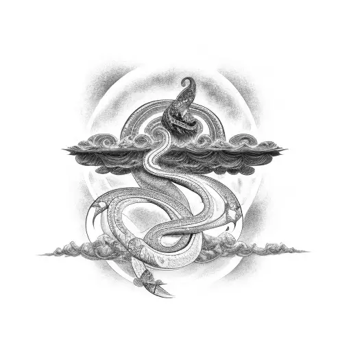 A black-grey tattoo of a cosmic serpent coiling around a celestial object tattoo design idea