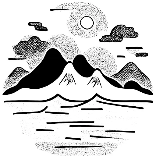Floating tropical island: underwater is a snow capped mountain. Above the water, a beach with waves tattoo design idea