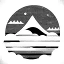 Floating island. The rocky portion underneath the water is a snow capped mountain. Above the water, a beach with waves tattoo design idea