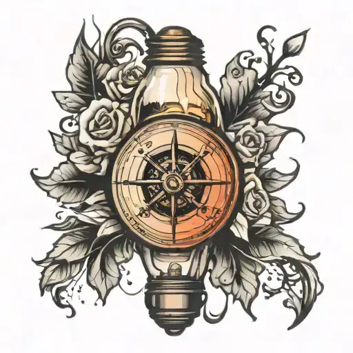 watch compass inside a broken incandescent light bulb tattoo design idea