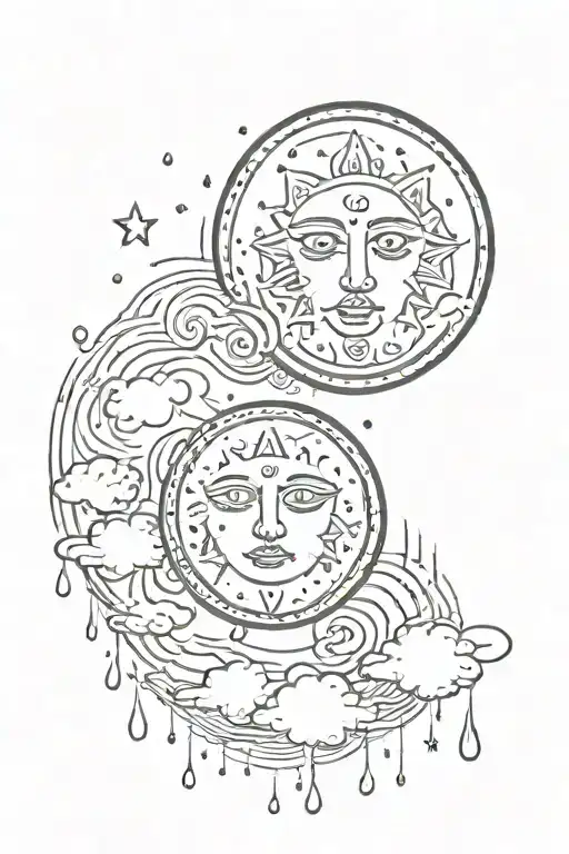 sun and moon surrounded by rain tattoo design idea