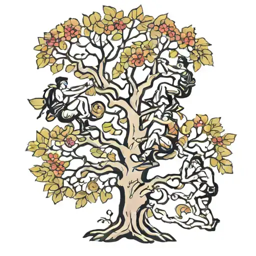 four people climbing tree tattoo design idea