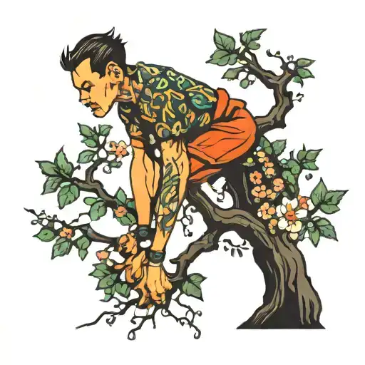 person hanging from tree branch tattoo design idea