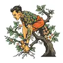 person hanging from tree branch tattoo design idea