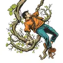 person hanging from tree branch tattoo design idea