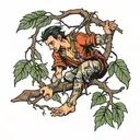 person hanging from tree branch tattoo design idea