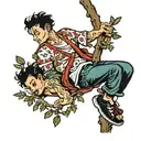 person hanging from tree branch tattoo design idea