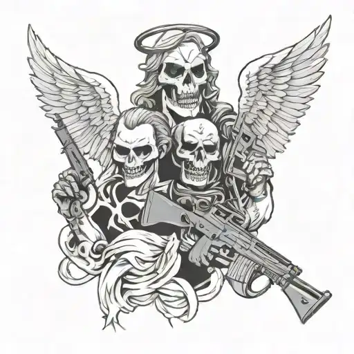 laugh now cry later mask and a angel with a ak47 tattoo design idea